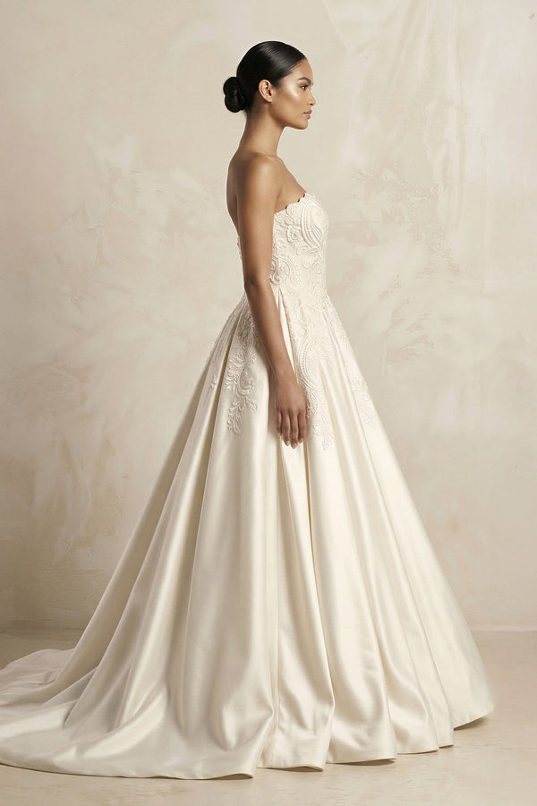 Sweetheart Beaded Satin Ball Gown Wedding Dress in Ivory - SHE IS ME Wedding Dresses