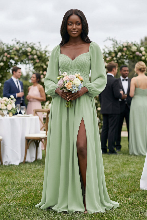 Sweetheart Long Sleeve A - Line Bridesmaid Dress in Sage - SHE IS ME Bridesmaid Dresses