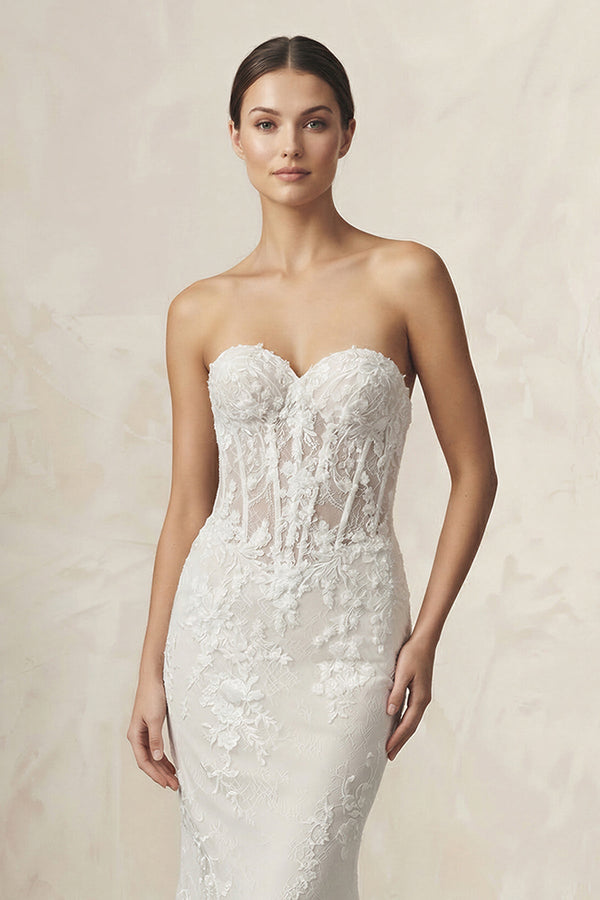 Sweetheart Mermaid Appliqued Corset Wedding Dress in Ivory - SHE IS ME Wedding Dresses