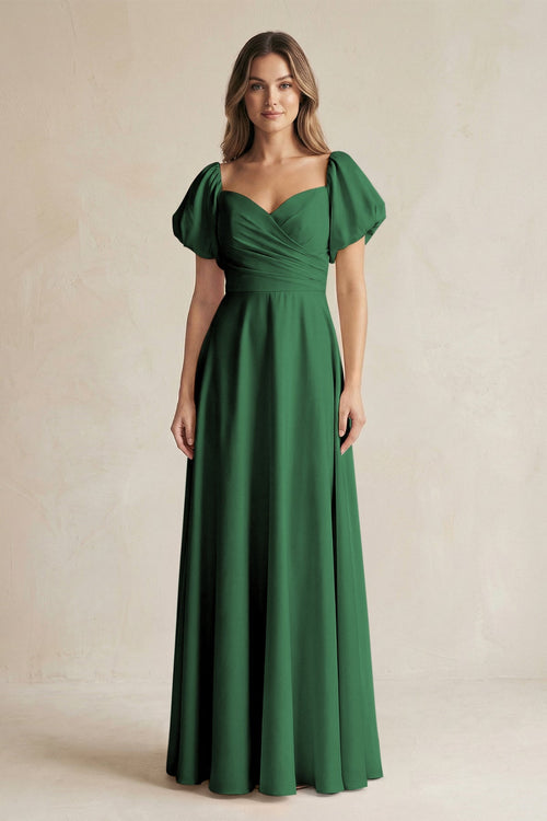 Sweetheart Puff Sleeve A - Line Chiffon Bridesmaid Dress in Dark Green - SHE IS ME Bridesmaid Dresses