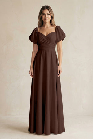Sweetheart Puff Sleeve A - Line Chiffon Bridesmaid Dress in Espresso - SHE IS ME Bridesmaid Dresses