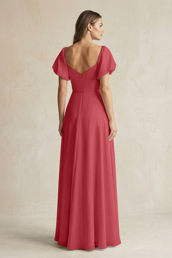 Sweetheart Puff Sleeve A - Line Chiffon Bridesmaid Dress in Merlot - SHE IS ME Bridesmaid Dresses