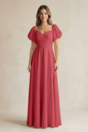 Sweetheart Puff Sleeve A - Line Chiffon Bridesmaid Dress in Merlot - SHE IS ME Bridesmaid Dresses