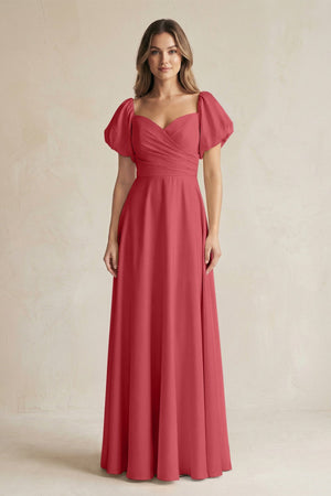 Sweetheart Puff Sleeve A - Line Chiffon Bridesmaid Dress in Merlot - SHE IS ME Bridesmaid Dresses