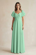 Sweetheart Puff Sleeve A - Line Chiffon Bridesmaid Dress in Pale Pistachio - SHE IS ME Bridesmaid Dresses