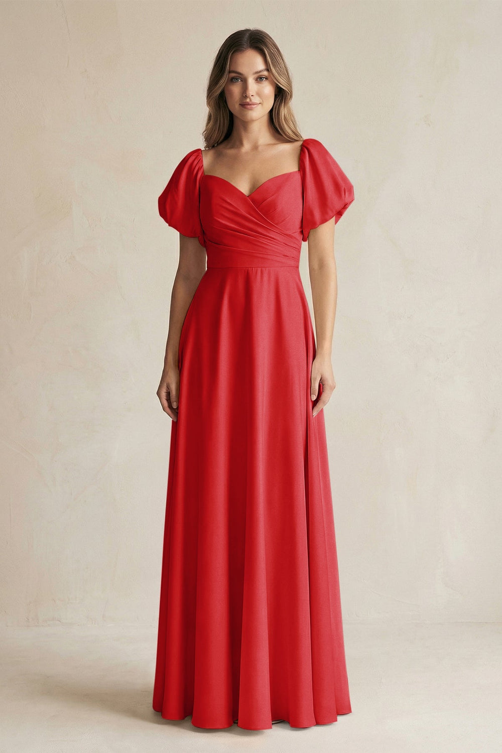 Sweetheart Puff Sleeve A - Line Chiffon Bridesmaid Dress in Ruby Red - SHE IS ME Bridesmaid Dresses