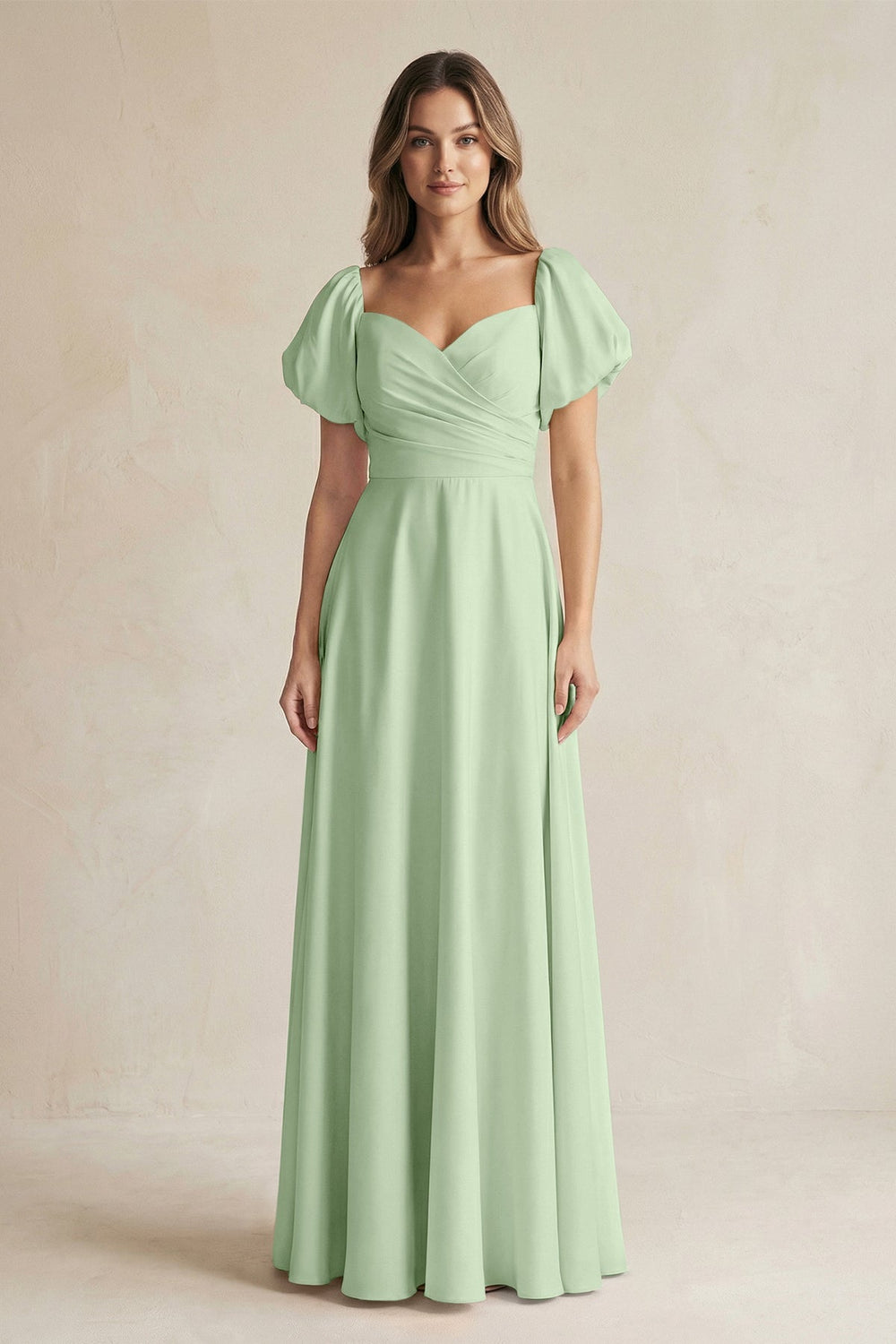 Sweetheart Puff Sleeve A - Line Chiffon Bridesmaid Dress in Sage - SHE IS ME Bridesmaid Dresses