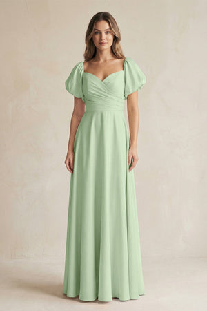 Sweetheart Puff Sleeve A - Line Chiffon Bridesmaid Dress in Sage - SHE IS ME Bridesmaid Dresses