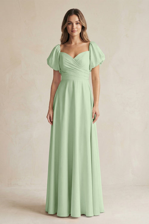 Sweetheart Puff Sleeve A - Line Chiffon Bridesmaid Dress in Sage - SHE IS ME Bridesmaid Dresses