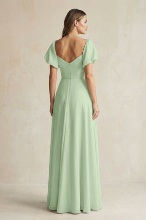 Sweetheart Puff Sleeve A - Line Chiffon Bridesmaid Dress in Sage - SHE IS ME Bridesmaid Dresses