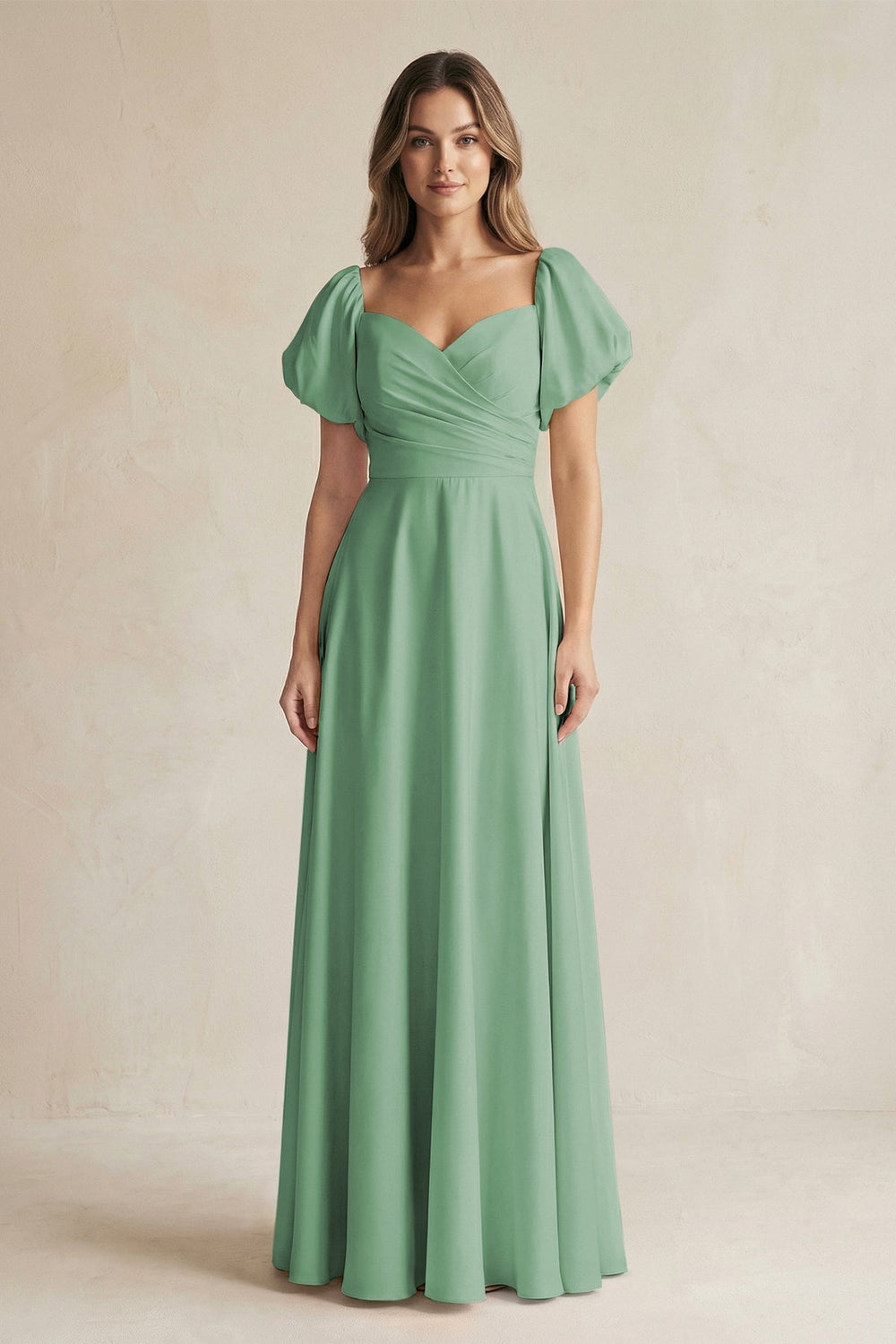 Sweetheart Puff Sleeve A - Line Chiffon Bridesmaid Dress in Sea Glass - SHE IS ME Bridesmaid Dresses