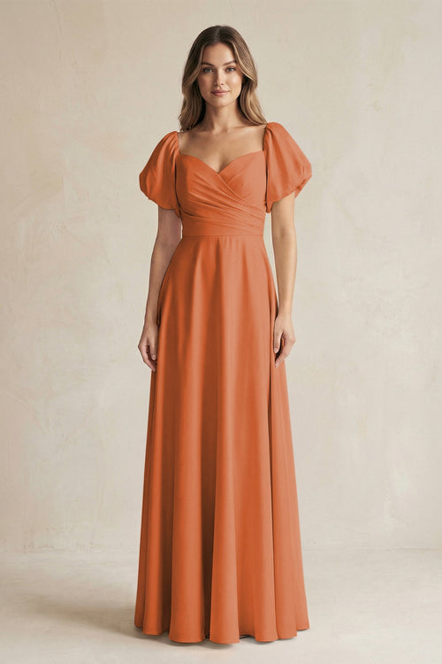 Sweetheart Puff Sleeve A - Line Chiffon Bridesmaid Dress in Terracotta - SHE IS ME Bridesmaid Dresses