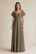 Sweetheart Puff Sleeve A - Line Chiffon Bridesmaid Dress in Willow Green - SHE IS ME Bridesmaid Dresses