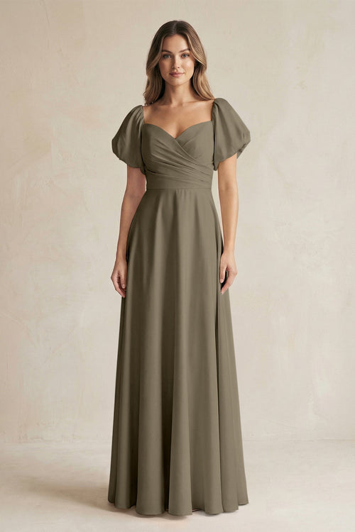 Sweetheart Puff Sleeve A - Line Chiffon Bridesmaid Dress in Willow Green - SHE IS ME Bridesmaid Dresses