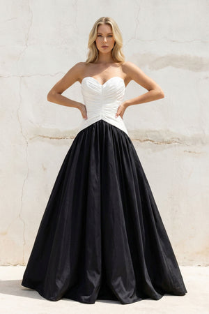 Sweetheart Ruched Gown in Black and White - SHE IS ME