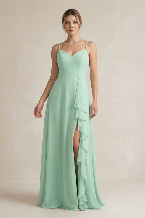 Sweetheart Ruffled A-Line Chiffon Bridesmaid Dress with Slit in Pale Pistachio - SHE IS ME BRIDESMAID DRESSES