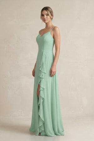 Sweetheart Ruffled A-Line Chiffon Bridesmaid Dress with Slit in Pale Pistachio - SHE IS ME BRIDESMAID DRESSES