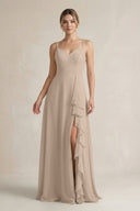 Sweetheart Ruffled A - Line Chiffon Bridesmaid Dress with Slit in Almond - SHE IS ME Bridesmaid Dresses