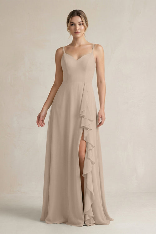 Sweetheart Ruffled A - Line Chiffon Bridesmaid Dress with Slit in Almond - SHE IS ME Bridesmaid Dresses