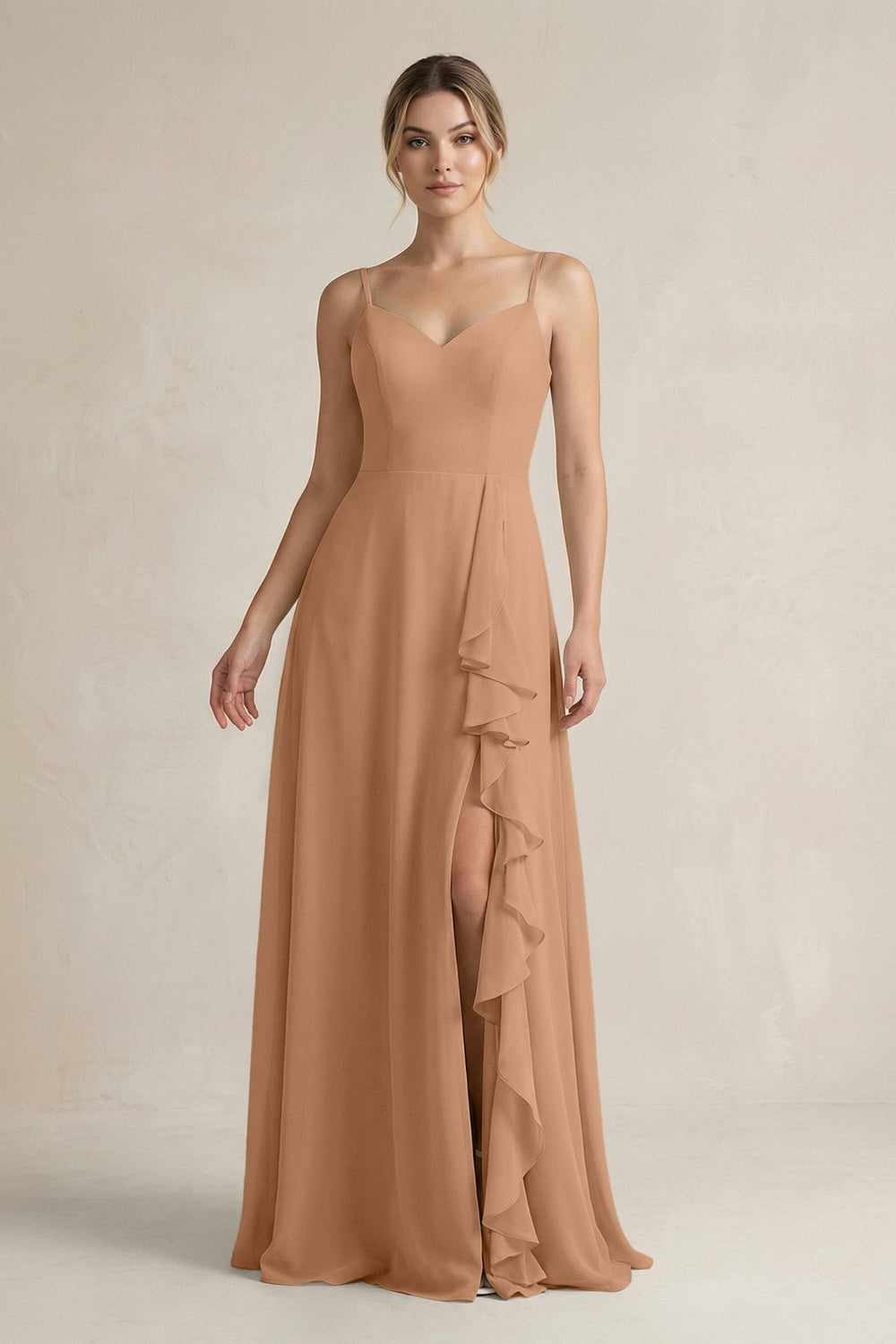 Sweetheart Ruffled A - Line Chiffon Bridesmaid Dress with Slit in Bronzer - SHE IS ME Bridesmaid Dresses