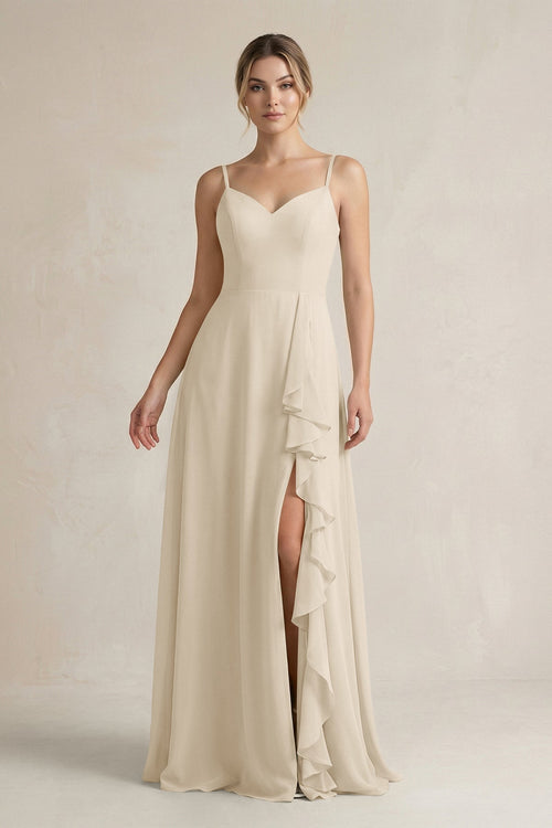 Sweetheart Ruffled A - Line Chiffon Bridesmaid Dress with Slit in Champagne - SHE IS ME Bridesmaid Dresses