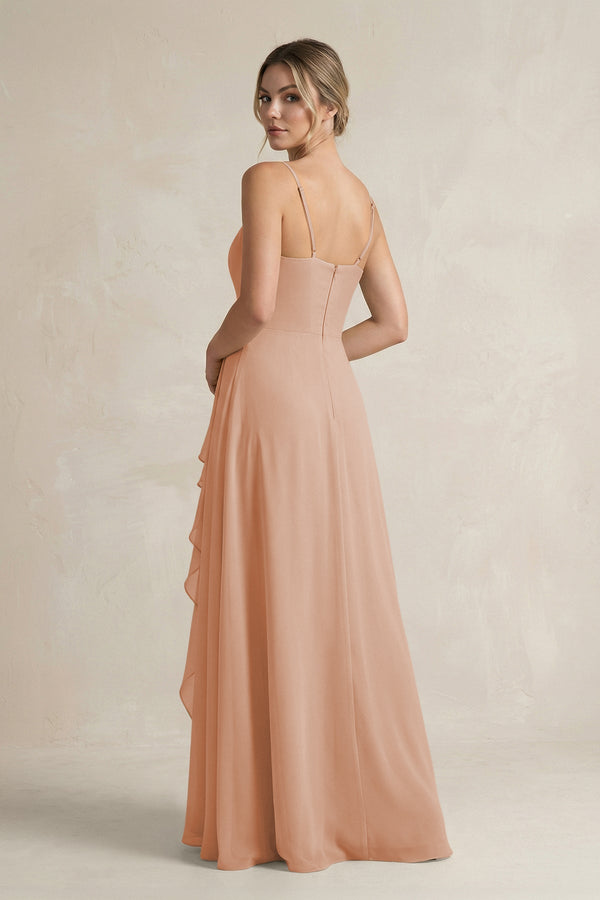 Sweetheart Ruffled A - Line Chiffon Bridesmaid Dress with Slit in Champagne Rose - SHE IS ME Bridesmaid Dresses