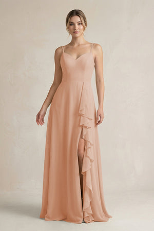 Sweetheart Ruffled A - Line Chiffon Bridesmaid Dress with Slit in Champagne Rose - SHE IS ME Bridesmaid Dresses