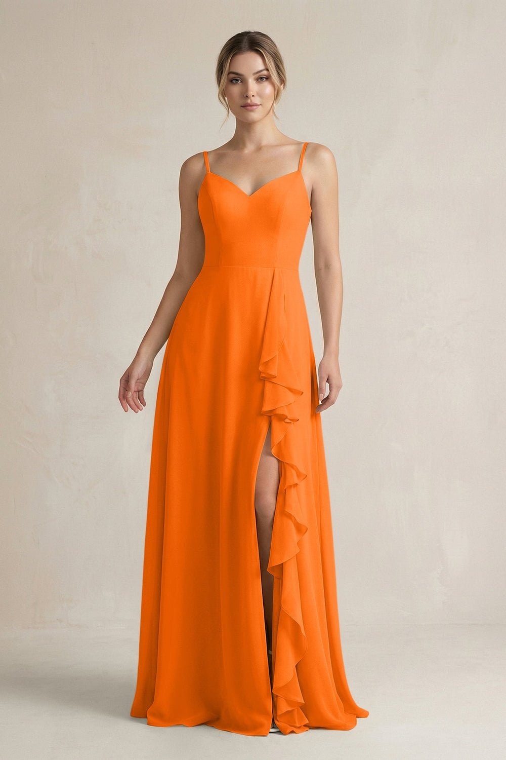 Sweetheart Ruffled A - Line Chiffon Bridesmaid Dress with Slit in Cinnamon - SHE IS ME Bridesmaid Dresses