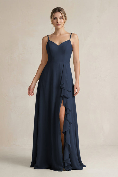 Sweetheart Ruffled A - Line Chiffon Bridesmaid Dress with Slit in Dark Navy - SHE IS ME Bridesmaid Dresses