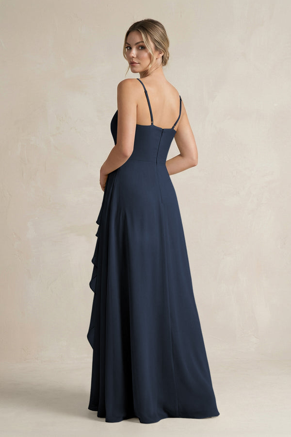 Sweetheart Ruffled A - Line Chiffon Bridesmaid Dress with Slit in Dark Navy - SHE IS ME Bridesmaid Dresses