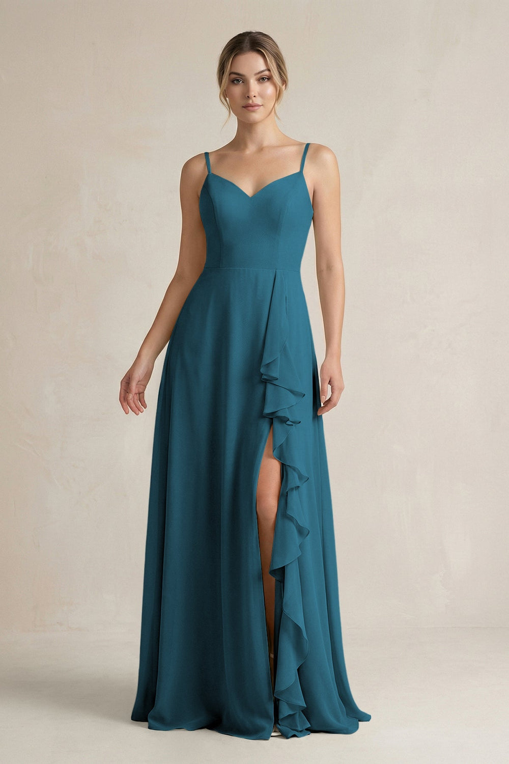 Sweetheart Ruffled A - Line Chiffon Bridesmaid Dress with Slit in Dark Teal - SHE IS ME Bridesmaid Dresses