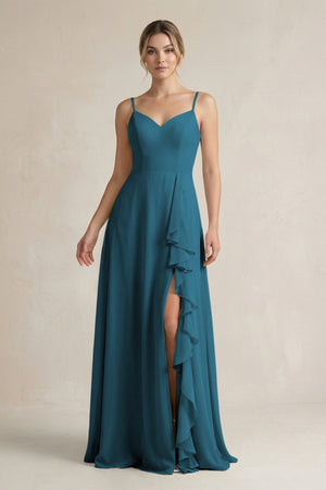Sweetheart Ruffled A - Line Chiffon Bridesmaid Dress with Slit in Dark Teal - SHE IS ME Bridesmaid Dresses