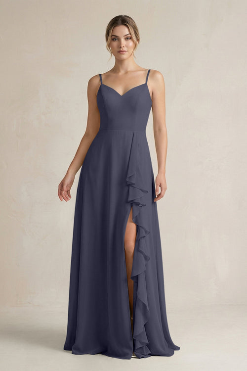 Sweetheart Ruffled A - Line Chiffon Bridesmaid Dress with Slit in Dusk Blue - SHE IS ME Bridesmaid Dresses