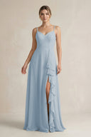 Sweetheart Ruffled A - Line Chiffon Bridesmaid Dress with Slit in Dusty Blue - SHE IS ME Bridesmaid Dresses