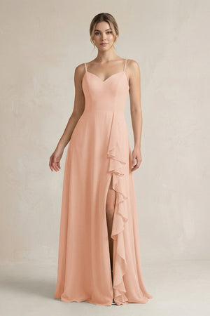 Sweetheart Ruffled A - Line Chiffon Bridesmaid Dress with Slit in English Rose - SHE IS ME Bridesmaid Dresses