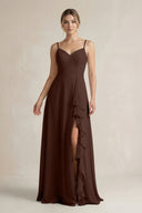 Sweetheart Ruffled A - Line Chiffon Bridesmaid Dress with Slit in Espresso - SHE IS ME Bridesmaid Dresses