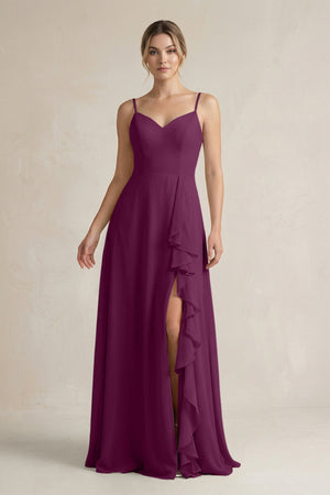 Sweetheart Ruffled A - Line Chiffon Bridesmaid Dress with Slit in Fig - SHE IS ME Bridesmaid Dresses