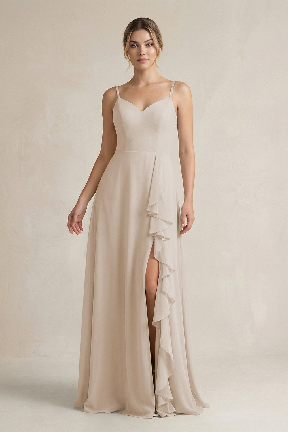 Sweetheart Ruffled A - Line Chiffon Bridesmaid Dress with Slit in Frost - SHE IS ME Bridesmaid Dresses