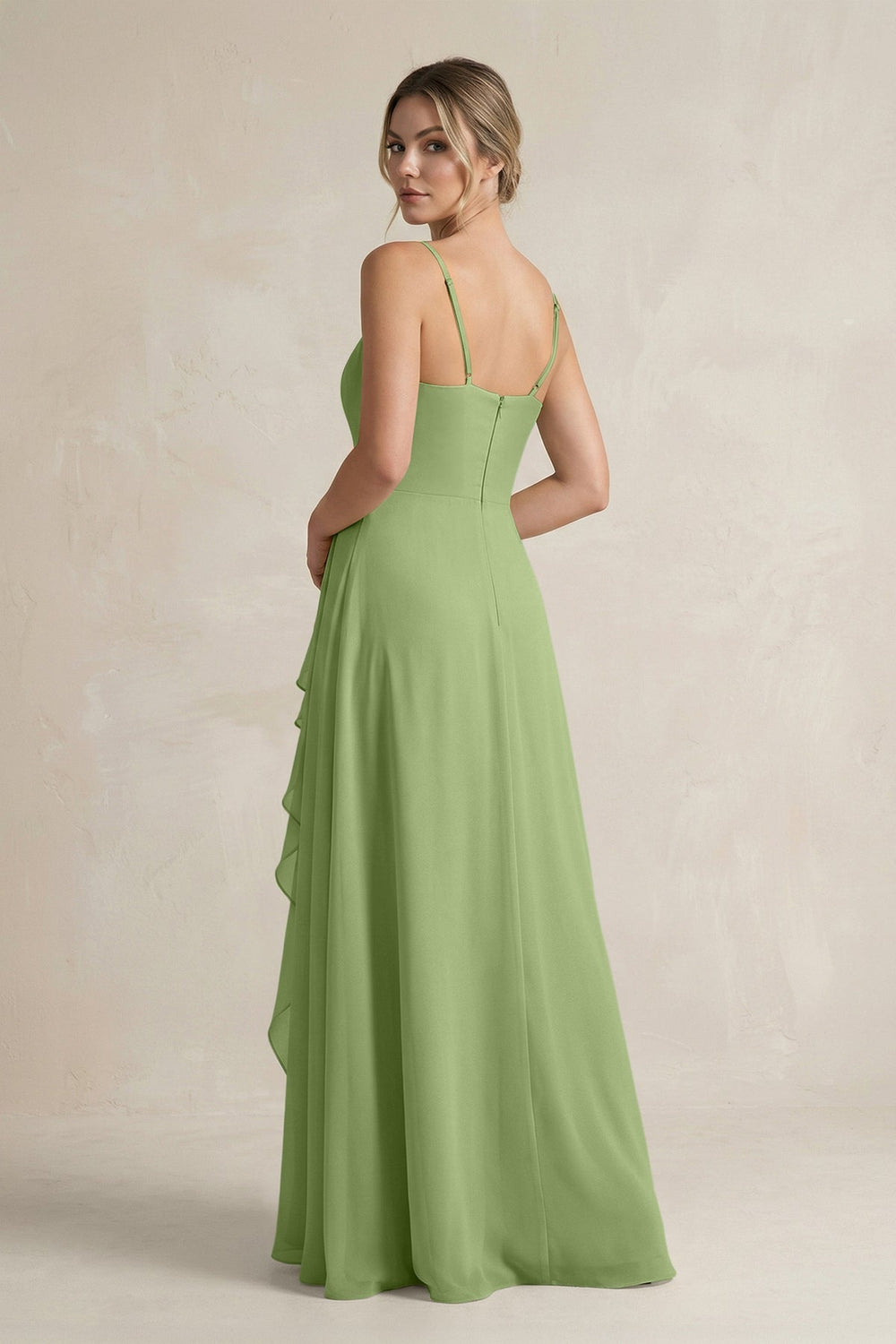 Sweetheart Ruffled A - Line Chiffon Bridesmaid Dress with Slit in Matcha - SHE IS ME Bridesmaid Dresses