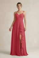 Sweetheart Ruffled A - Line Chiffon Bridesmaid Dress with Slit in Merlot - SHE IS ME Bridesmaid Dresses