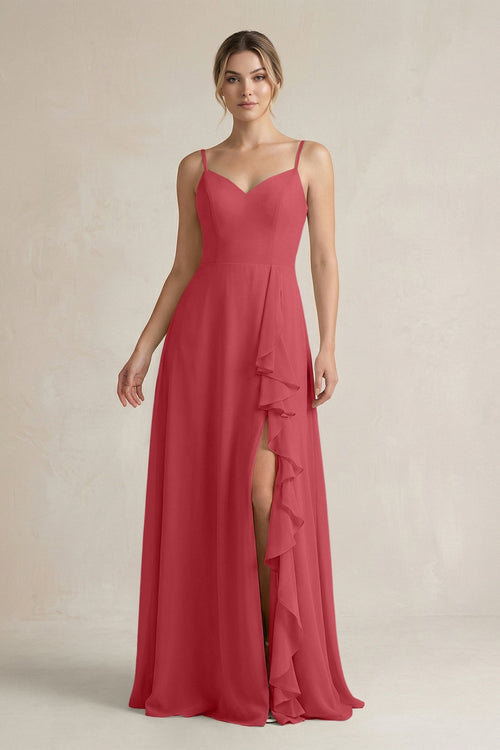 Sweetheart Ruffled A - Line Chiffon Bridesmaid Dress with Slit in Merlot - SHE IS ME Bridesmaid Dresses
