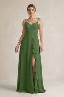 Sweetheart Ruffled A - Line Chiffon Bridesmaid Dress with Slit in Moss - SHE IS ME Bridesmaid Dresses