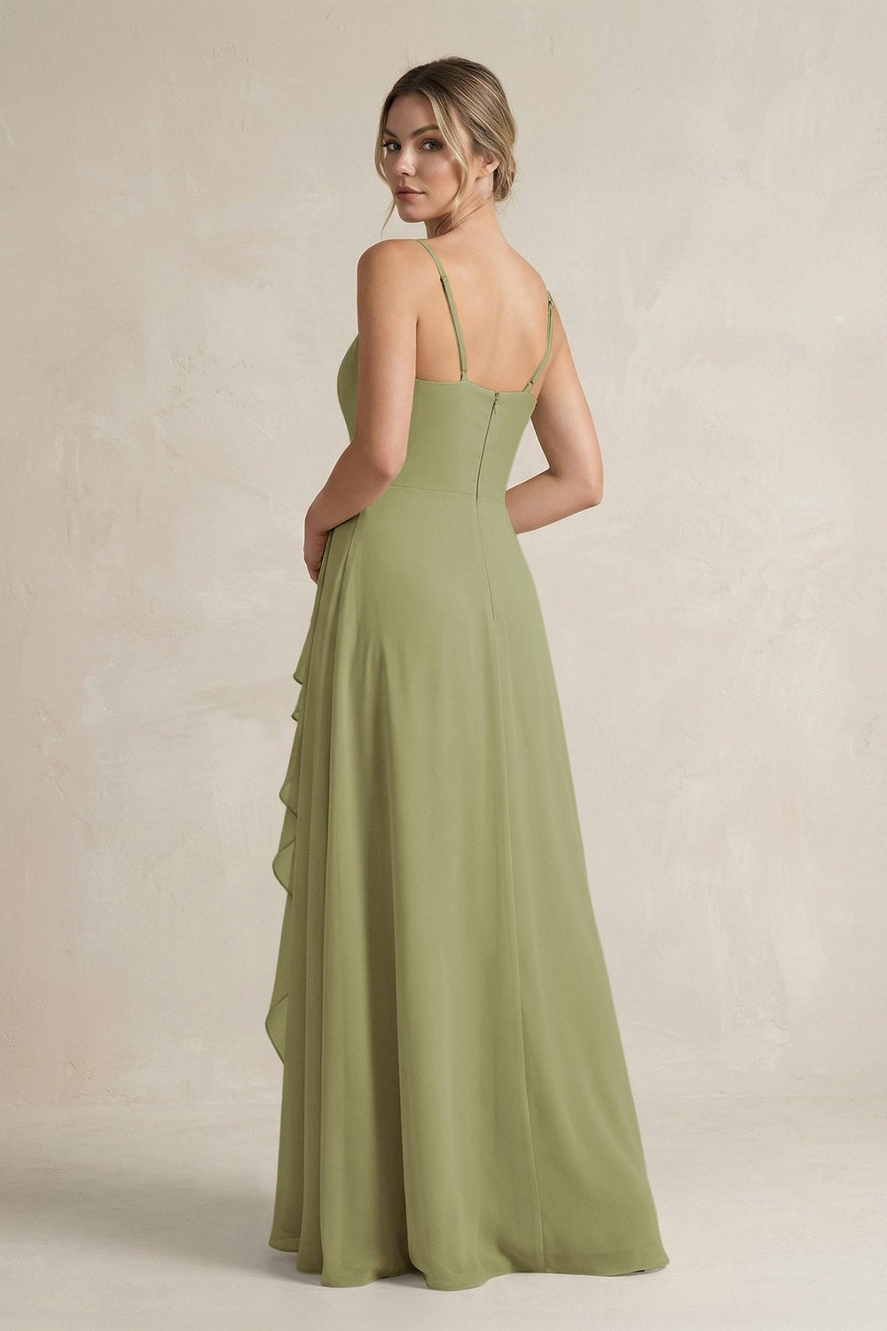 Sweetheart Ruffled A - Line Chiffon Bridesmaid Dress with Slit in Moss Green - SHE IS ME Bridesmaid Dresses