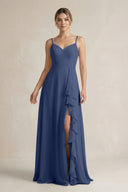 Sweetheart Ruffled A - Line Chiffon Bridesmaid Dress with Slit in Navy - SHE IS ME Bridesmaid Dresses