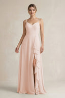 Sweetheart Ruffled A - Line Chiffon Bridesmaid Dress with Slit in Pale Blush - SHE IS ME Bridesmaid Dresses