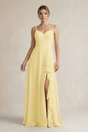 Sweetheart Ruffled A - Line Chiffon Bridesmaid Dress with Slit in Pastel Yellow - SHE IS ME Bridesmaid Dresses