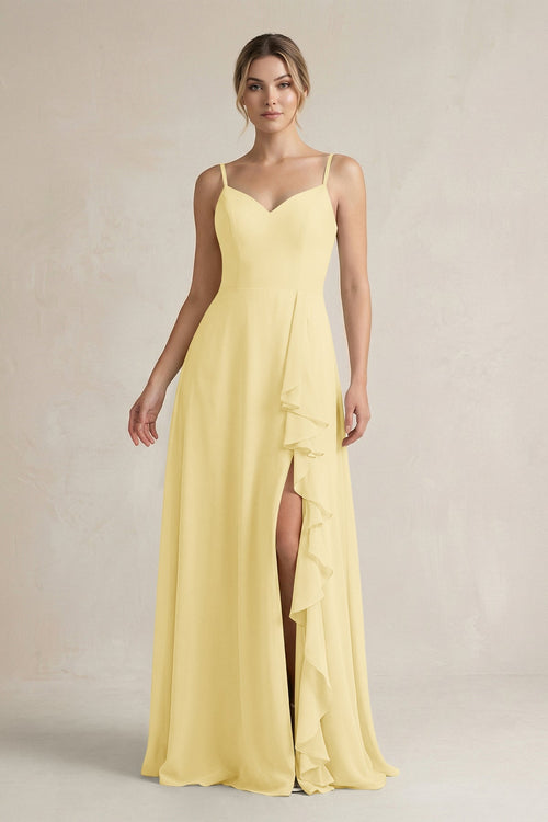 Sweetheart Ruffled A - Line Chiffon Bridesmaid Dress with Slit in Pastel Yellow - SHE IS ME Bridesmaid Dresses
