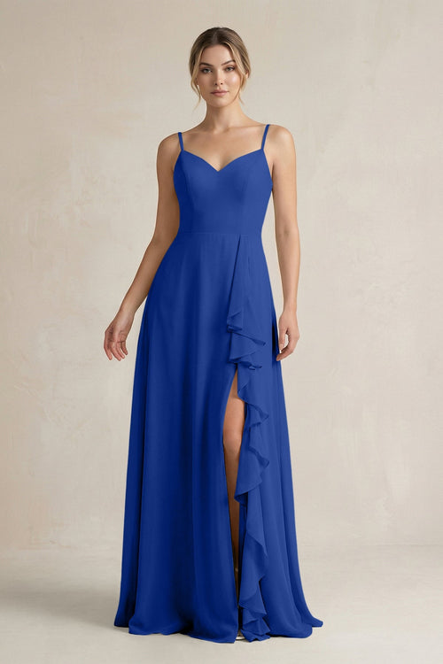 Sweetheart Ruffled A - Line Chiffon Bridesmaid Dress with Slit in Royal Blue - SHE IS ME Bridesmaid Dresses