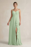 Sweetheart Ruffled A - Line Chiffon Bridesmaid Dress with Slit in Sage - SHE IS ME Bridesmaid Dresses
