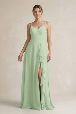 Sweetheart Ruffled A - Line Chiffon Bridesmaid Dress with Slit in Sage - SHE IS ME Bridesmaid Dresses